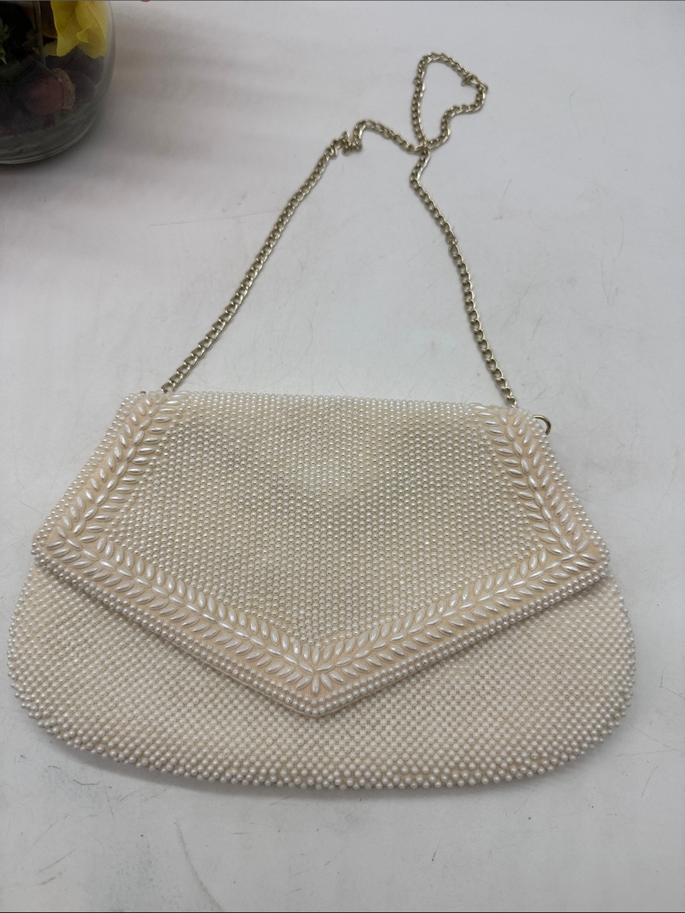 Vintage Ivory Beaded Evening Clutch with Chain Strap